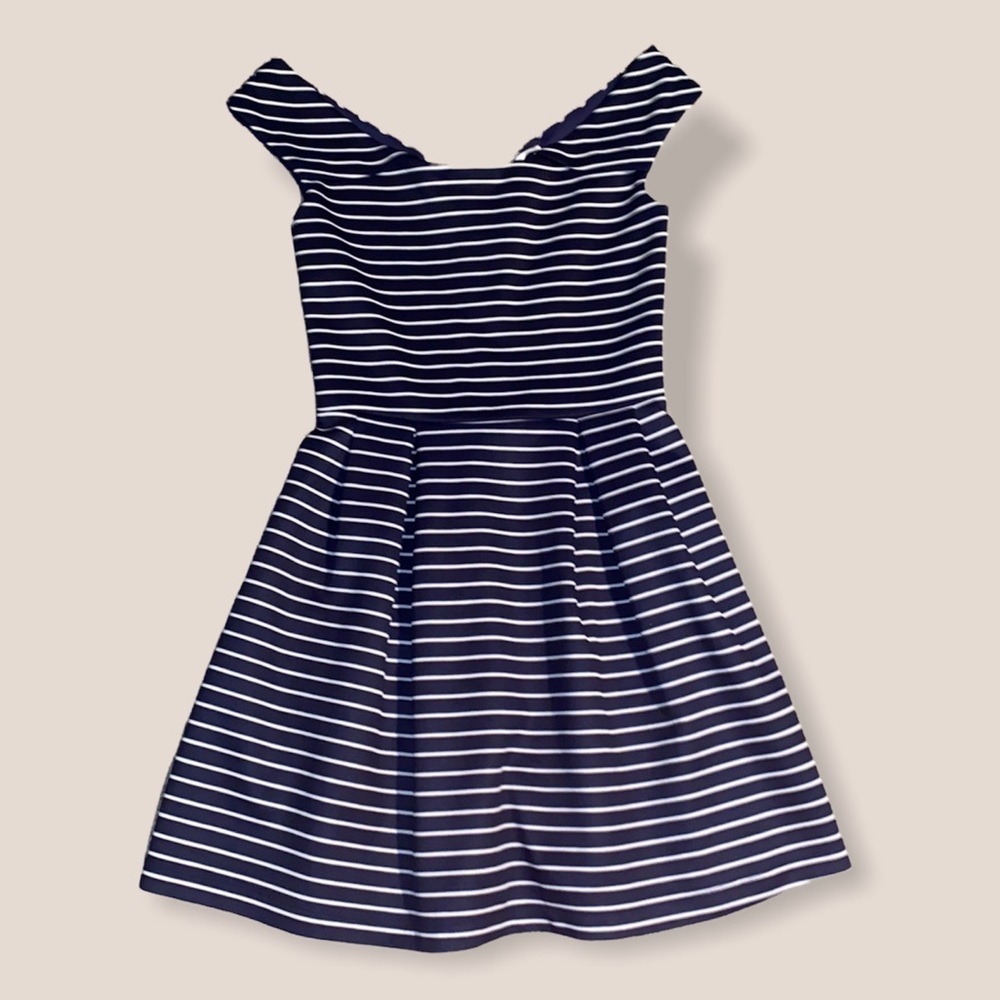 Navy Striped Off the Shoulder Dress